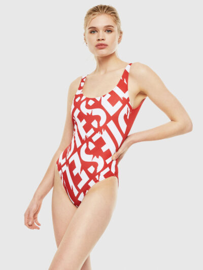 בגד ים שלם, מתייבש מהר, גב סקופ, לוגו קונטרסטי לכל האורך, צבע אדום/לבן