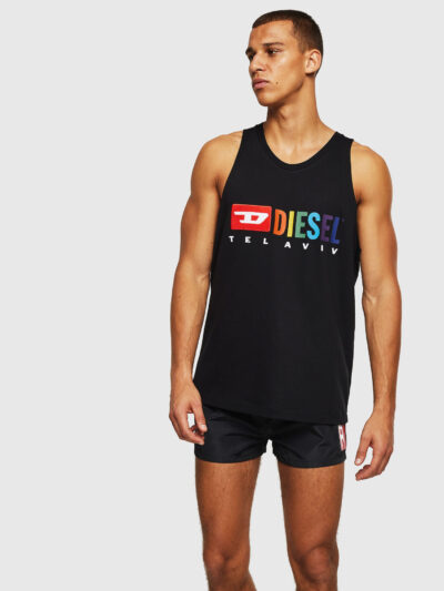 גופייה, צבע שחור, במרכז החזה לוגו דיזל בצבעי דגל הגאווה ושם העיר תל אביב