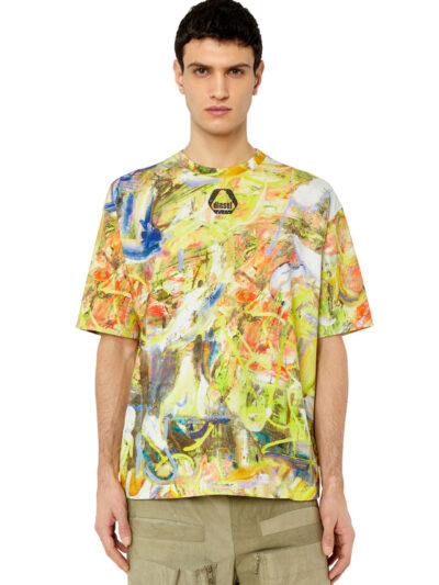 חולצת טי קצרה, הדפס אבסטרקי מקושקש, צבע צהוב לבן, לוגו על החזה והגב