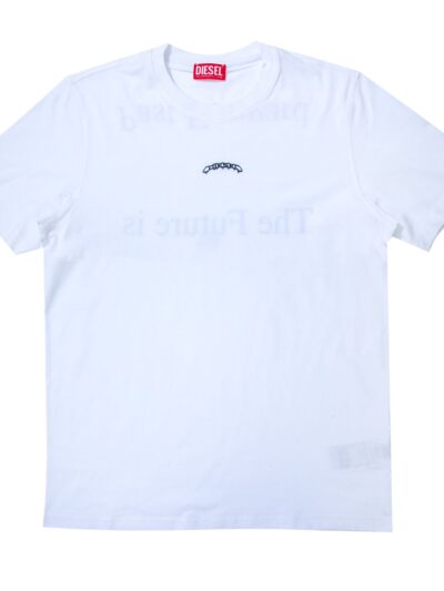 חולצת טי, שרוולים קצרים, צבע לבן, לוגו קטן על החזה, הדפס כיתוב על הגב