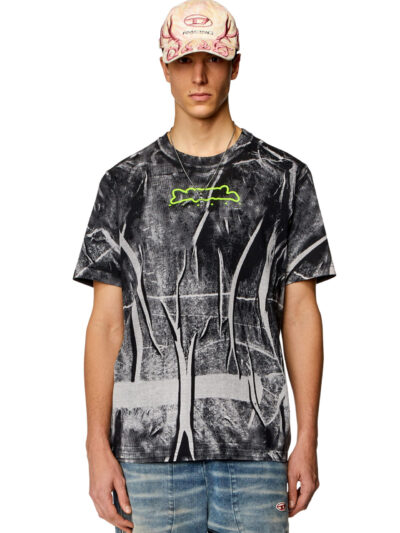 חולצת טי, שרוולים קצרים, צבע שחור, הדפס באפקט מקומט, לוגו ירוק ניאון