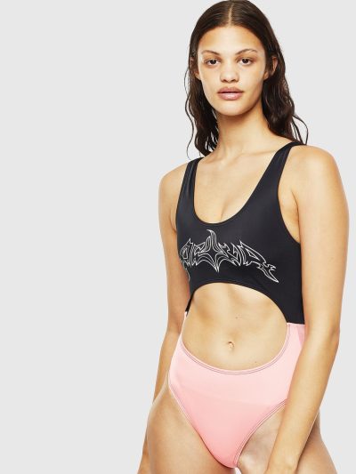 בגד ים שלם, לייקרה רכה, קולור־בלוק גרפי, צבע שחור/ורוד