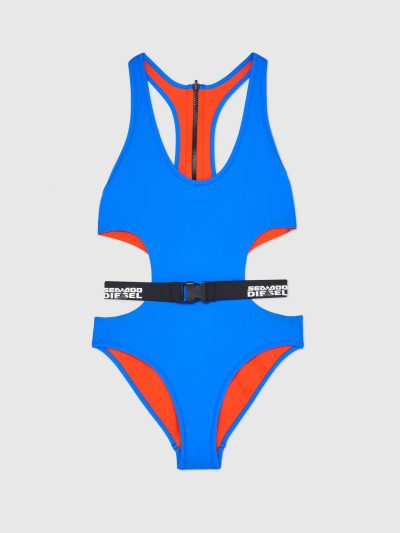 בגד ים שלם הפיך, לייקרה מודבקת, חיתוכי צד וחגורה ממותגת, Diesel x Sea-Doo, צבע כחול/כתום