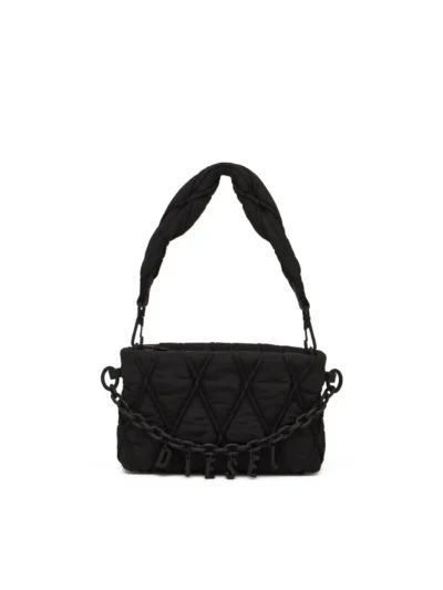 פאוץ', כסף, ניילון מרופד, תפירת יהלומים, שרשרת גומי עם תליוני לוגו