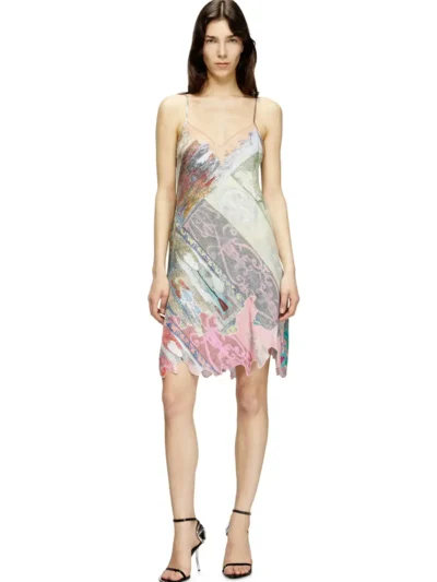 שמלת מידי, ירוק וורוד, בד זורם, כתפיות ספגטי מתכווננות, לוגו Oval D מאחור