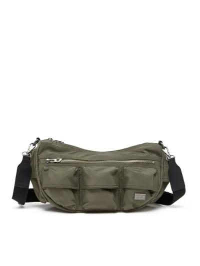 תיק צד יוניסקס, ירוק, בד shell קל, כיס רוכסן חיצוני וכיסים קטנים רבים, פלאק לוגו מתכתי