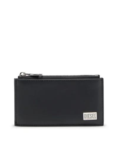 ארנק כרטיסים לגברים, שחור, עור חלק בגימור חצי מבריק, חריצי כרטיסים וכיס רוכסן, פלאק biscotto מתכתי